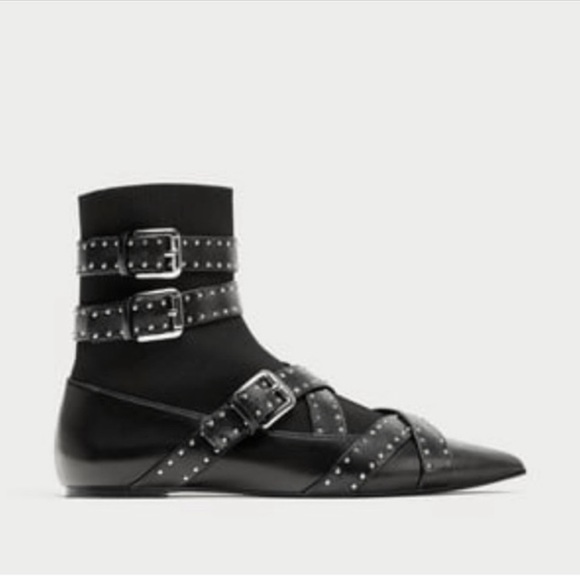 Zara Vegan Buckled Studded Sock Ankle Boot - Picture 4 of 8